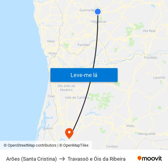 Arões (Santa Cristina) to Travassô e Óis da Ribeira map