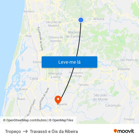 Tropeço to Travassô e Óis da Ribeira map