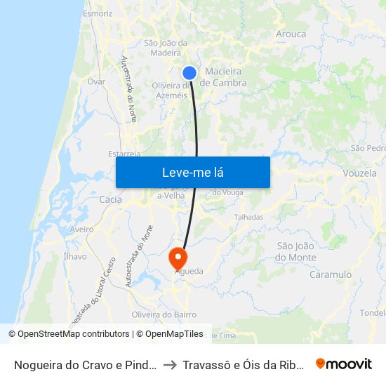 Nogueira do Cravo e Pindelo to Travassô e Óis da Ribeira map