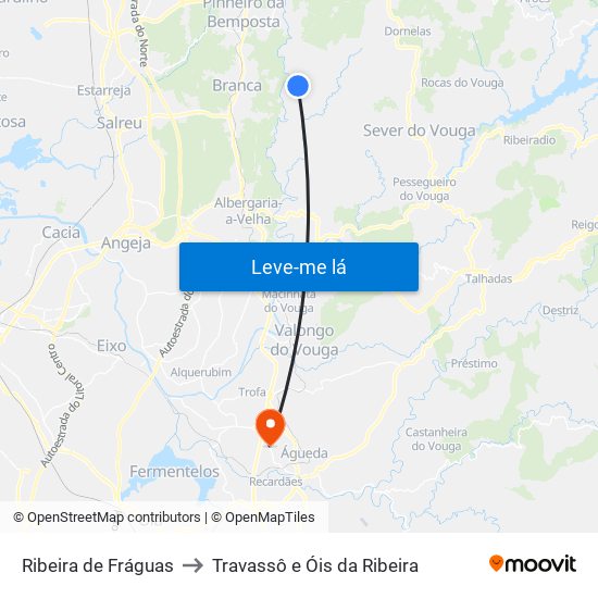 Ribeira de Fráguas to Travassô e Óis da Ribeira map