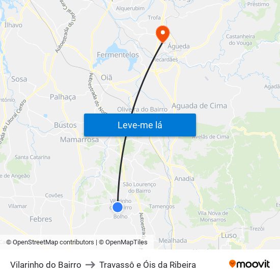 Vilarinho do Bairro to Travassô e Óis da Ribeira map