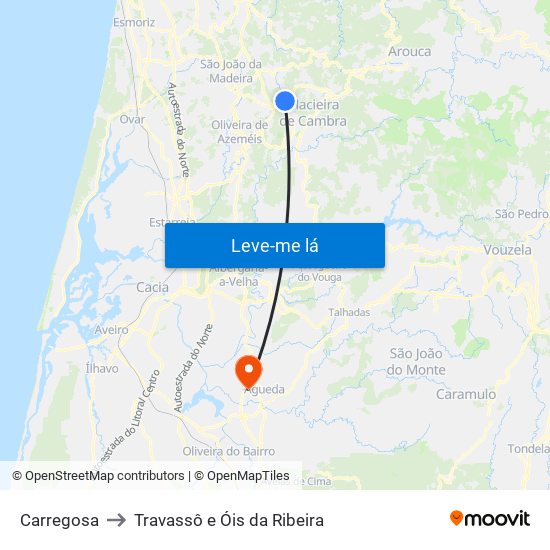 Carregosa to Travassô e Óis da Ribeira map