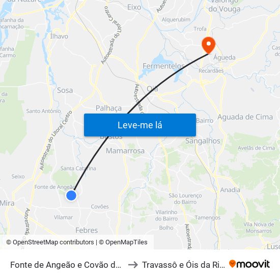 Fonte de Angeão e Covão do Lobo to Travassô e Óis da Ribeira map