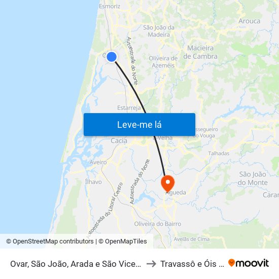 Ovar, São João, Arada e São Vicente de Pereira Jusã to Travassô e Óis da Ribeira map