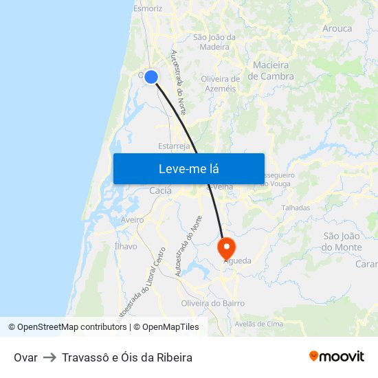Ovar to Travassô e Óis da Ribeira map