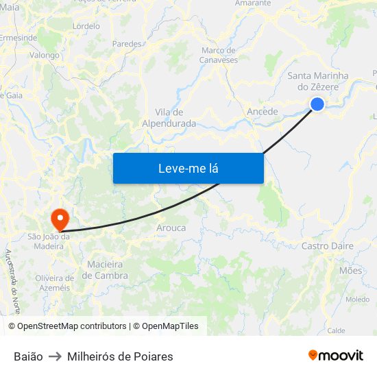 Baião to Milheirós de Poiares map