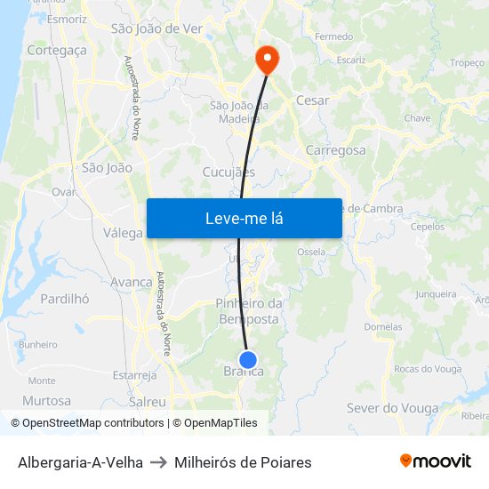 Albergaria-A-Velha to Milheirós de Poiares map