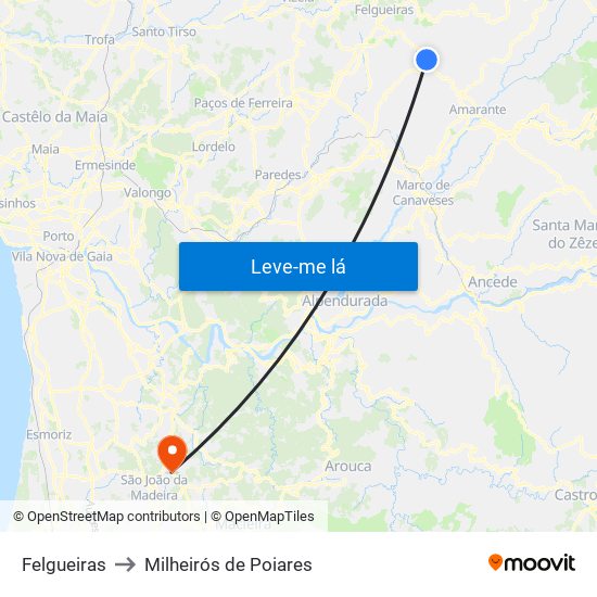 Felgueiras to Milheirós de Poiares map