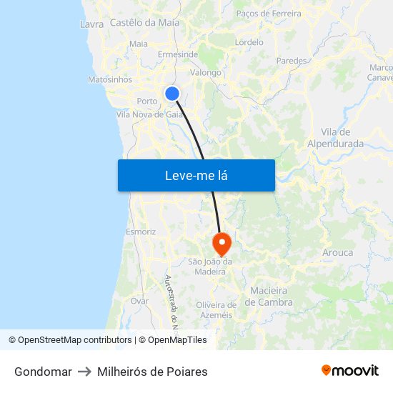 Gondomar to Milheirós de Poiares map