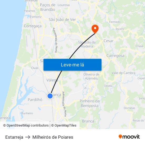 Estarreja to Milheirós de Poiares map