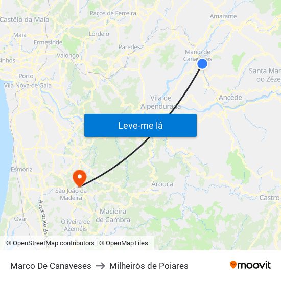Marco De Canaveses to Milheirós de Poiares map