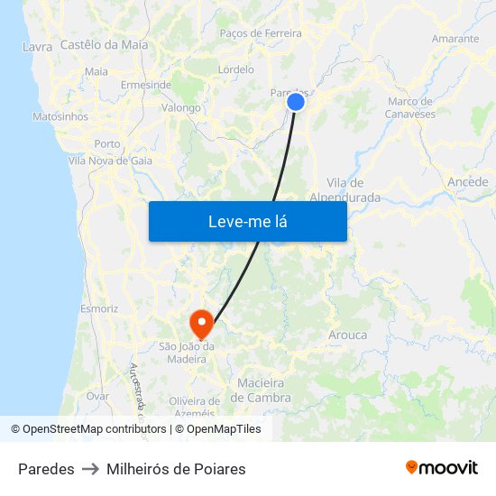 Paredes to Milheirós de Poiares map