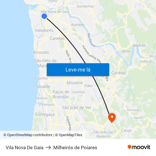 Vila Nova De Gaia to Milheirós de Poiares map