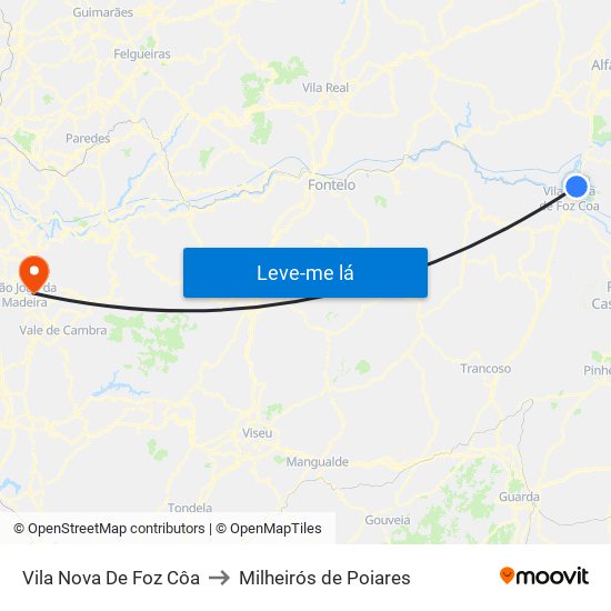 Vila Nova De Foz Côa to Milheirós de Poiares map