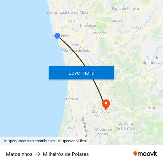 Matosinhos to Milheirós de Poiares map