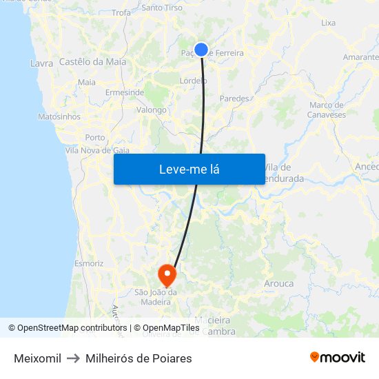Meixomil to Milheirós de Poiares map