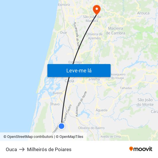 Ouca to Milheirós de Poiares map