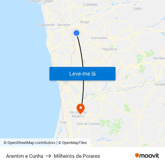 Arentim e Cunha to Milheirós de Poiares map