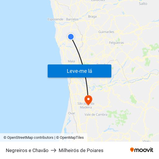 Negreiros e Chavão to Milheirós de Poiares map