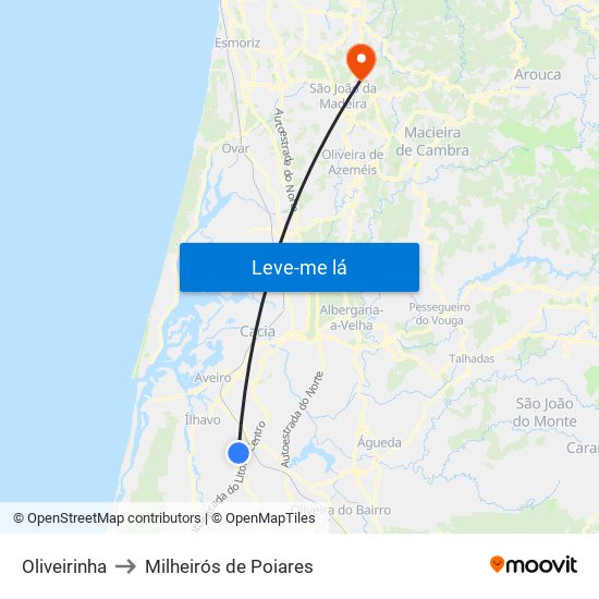 Oliveirinha to Milheirós de Poiares map