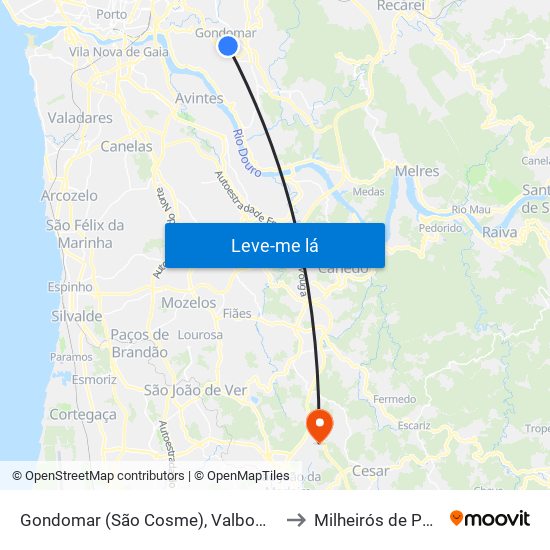 Gondomar (São Cosme), Valbom e Jovim to Milheirós de Poiares map