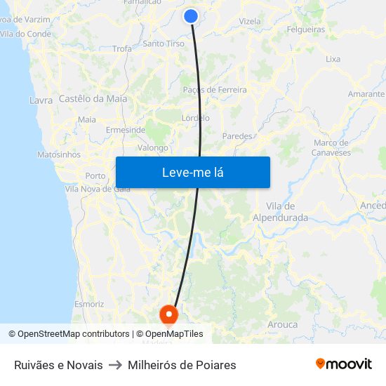 Ruivães e Novais to Milheirós de Poiares map