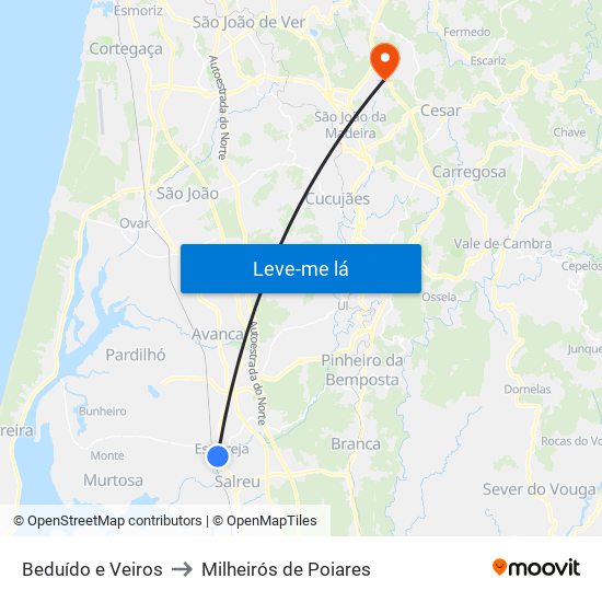 Beduído e Veiros to Milheirós de Poiares map