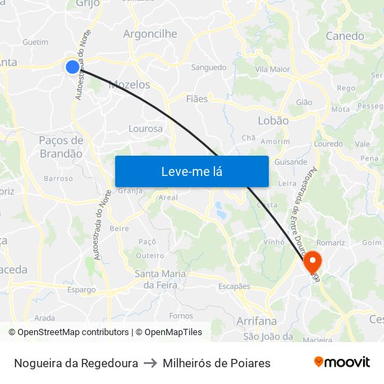 Nogueira da Regedoura to Milheirós de Poiares map