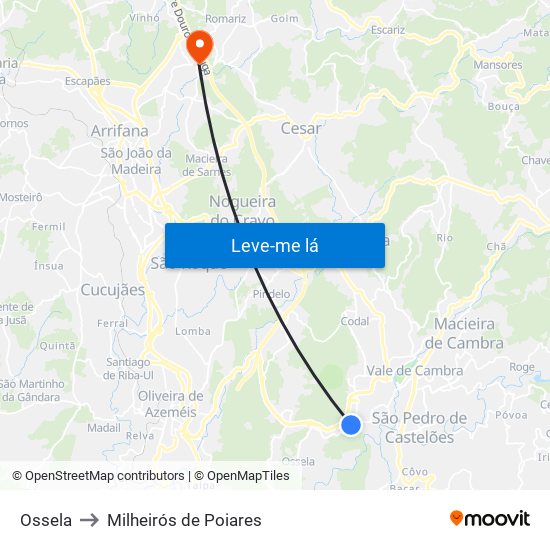 Ossela to Milheirós de Poiares map