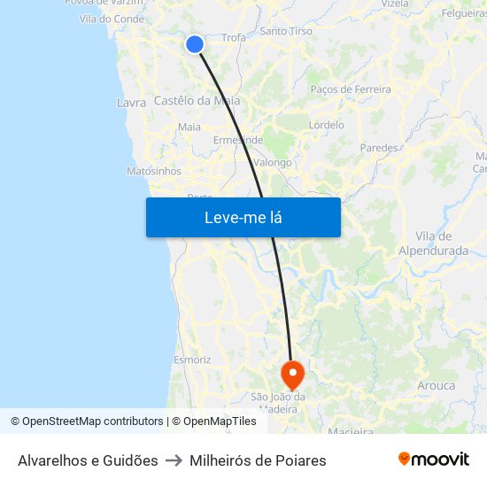 Alvarelhos e Guidões to Milheirós de Poiares map