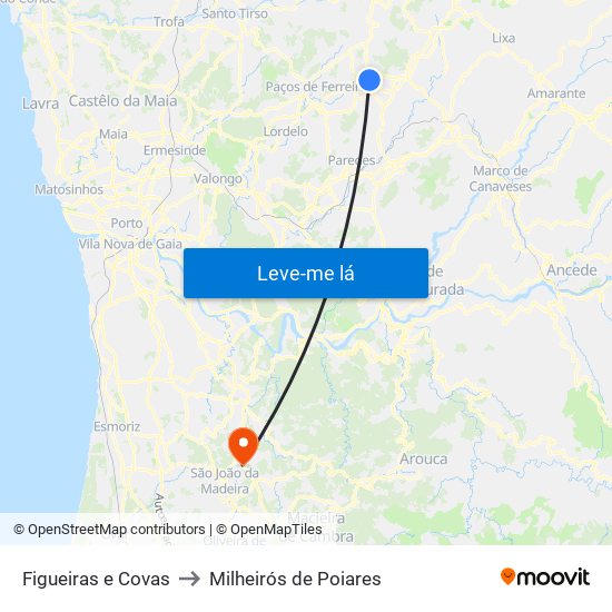 Figueiras e Covas to Milheirós de Poiares map