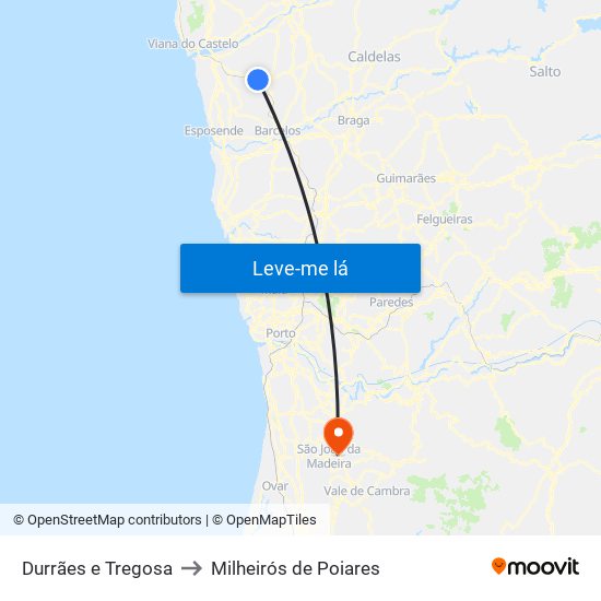 Durrães e Tregosa to Milheirós de Poiares map