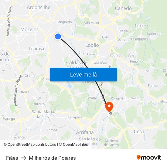 Fiães to Milheirós de Poiares map