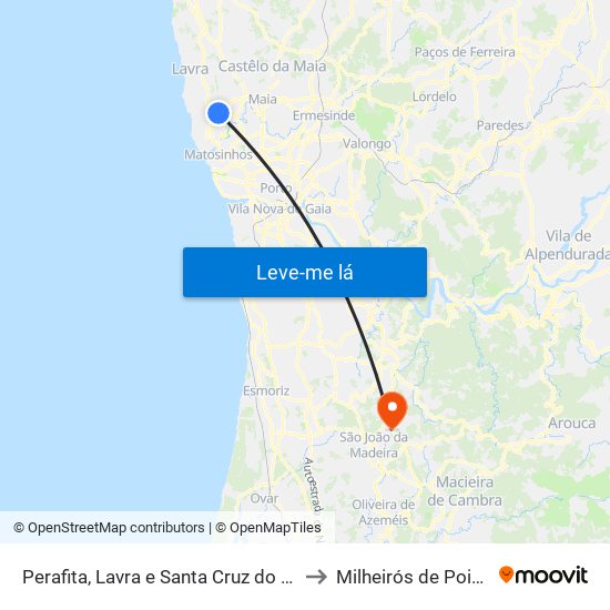 Perafita, Lavra e Santa Cruz do Bispo to Milheirós de Poiares map