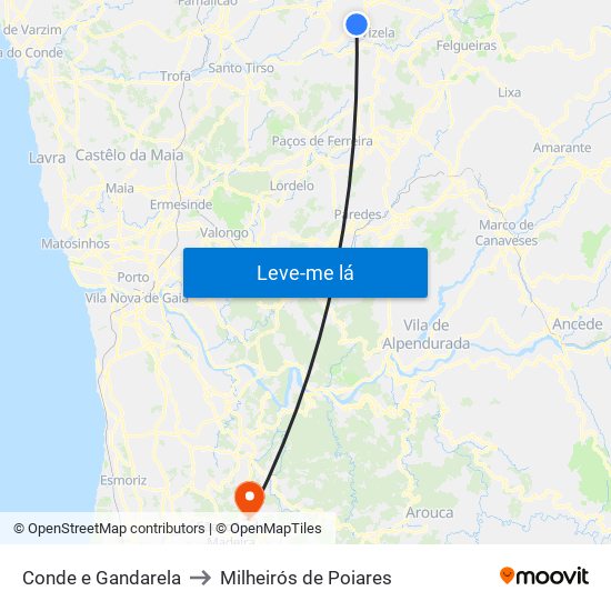 Conde e Gandarela to Milheirós de Poiares map