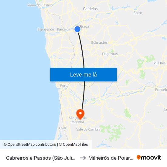 Cabreiros e Passos (São Julião) to Milheirós de Poiares map