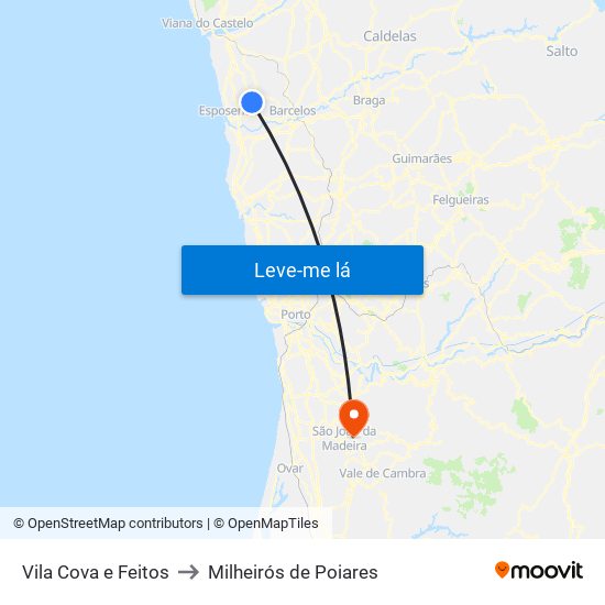 Vila Cova e Feitos to Milheirós de Poiares map