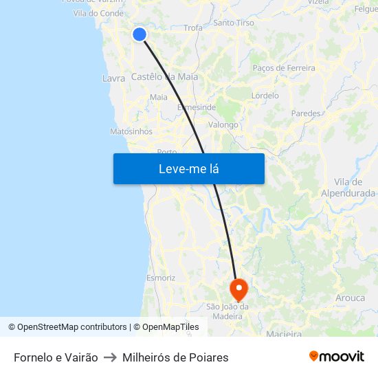 Fornelo e Vairão to Milheirós de Poiares map