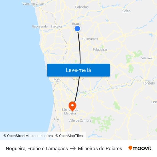 Nogueira, Fraião e Lamaçães to Milheirós de Poiares map