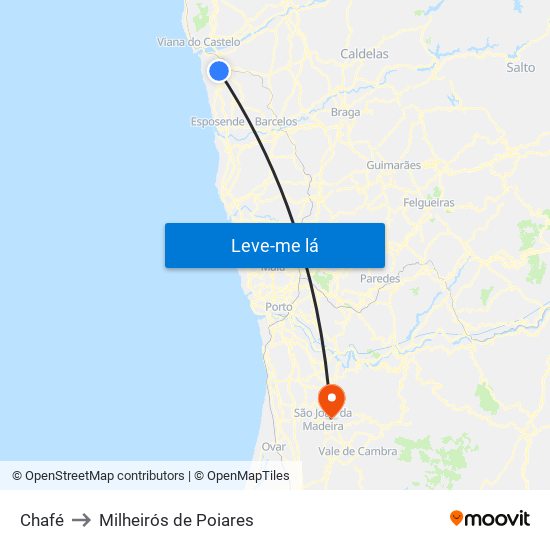 Chafé to Milheirós de Poiares map