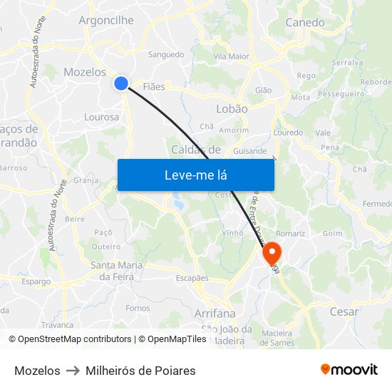 Mozelos to Milheirós de Poiares map