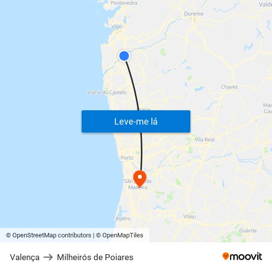 Valença to Milheirós de Poiares map