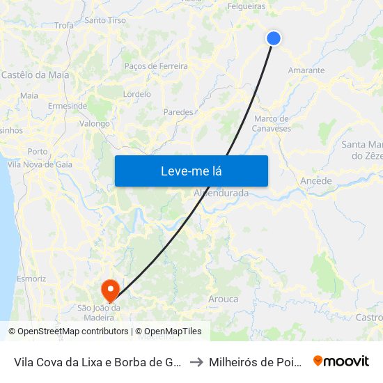 Vila Cova da Lixa e Borba de Godim to Milheirós de Poiares map