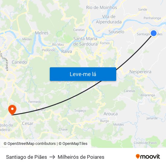 Santiago de Piães to Milheirós de Poiares map