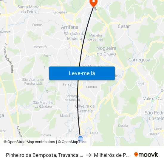 Pinheiro da Bemposta, Travanca e Palmaz to Milheirós de Poiares map