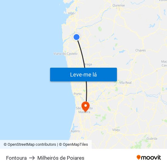 Fontoura to Milheirós de Poiares map