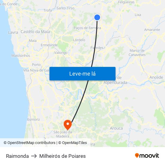 Raimonda to Milheirós de Poiares map