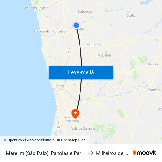 Merelim (São Paio), Panoias e Parada de Tibães to Milheirós de Poiares map