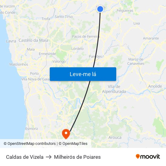 Caldas de Vizela to Milheirós de Poiares map