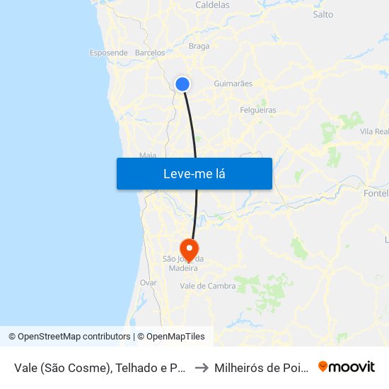 Vale (São Cosme), Telhado e Portela to Milheirós de Poiares map